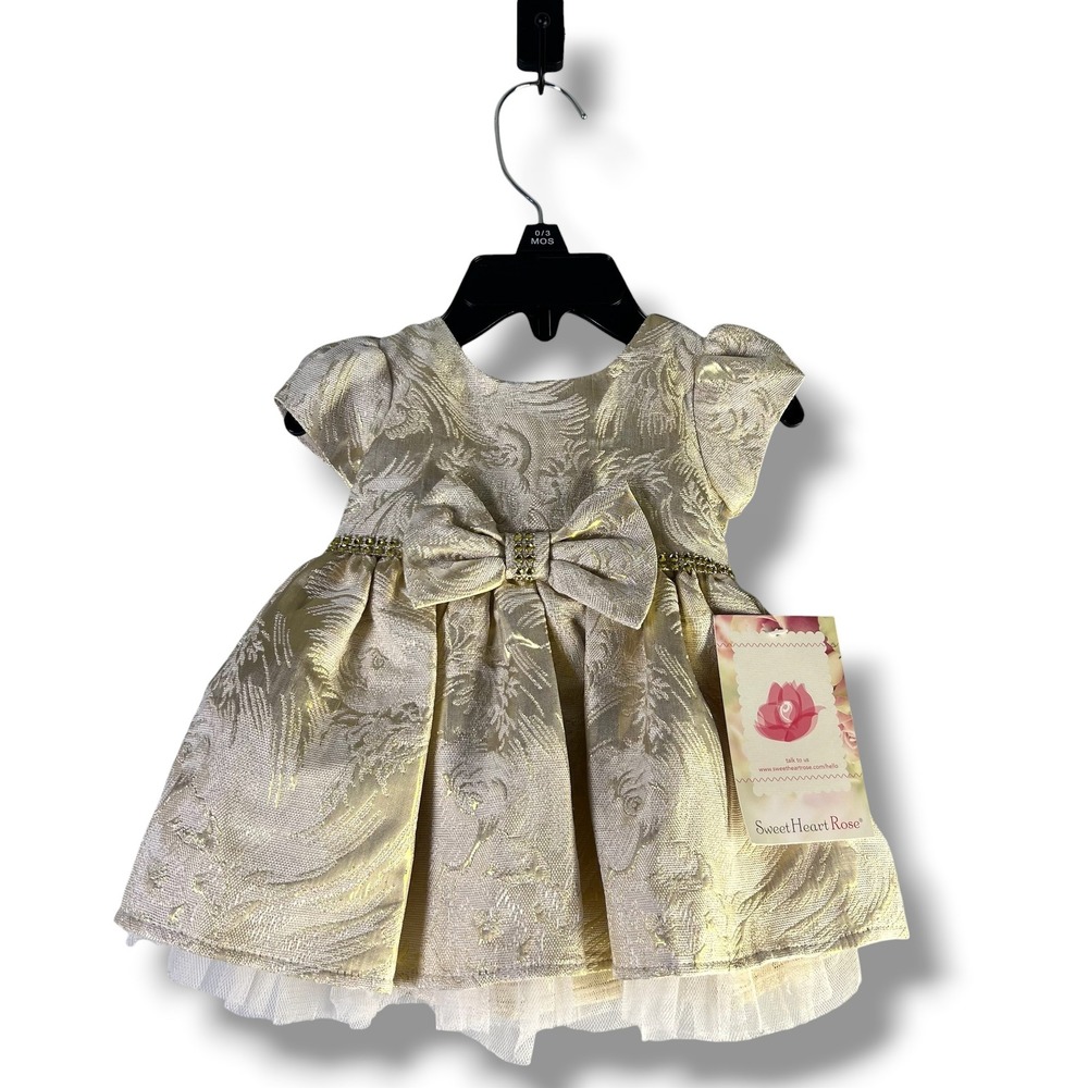 Sweet Heart Rose Girls Sz 0-3 Months Dress Gold Brocade Metallic Bow Holiday